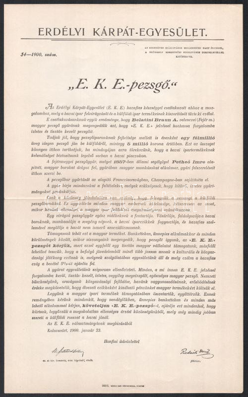 1900 Kolozsvár, Az Erdélyi Kárpát Egyesület (EKE) körlevele a velencei (Fejér megye) Belatini Braun A. által készített, EKE jelzésű pezsgő forgalomba hozataláról