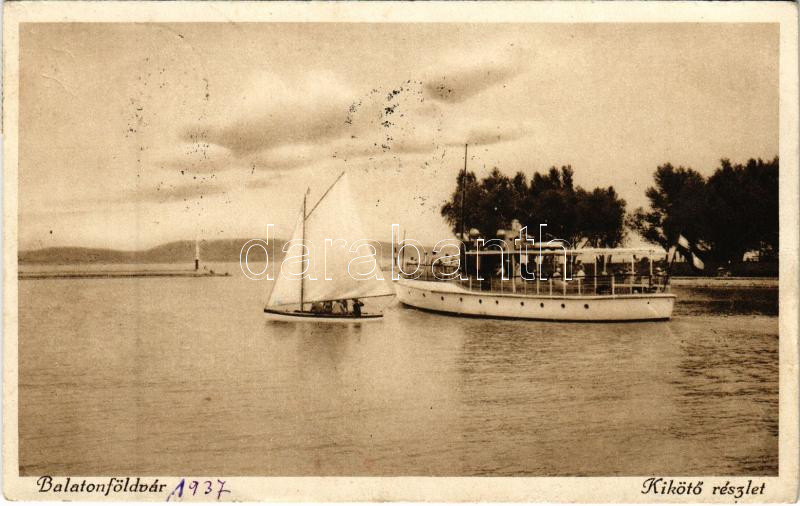 1937 Balatonföldvár, kikötő, gőzhajó, vitorlás. Gerendai Gyula kiadása (ázott / wet damage)