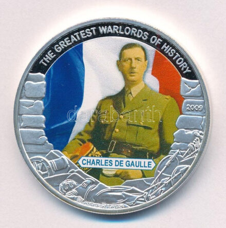 Libéria 2009. 5$ ezüstözött Cu 'Nagy Hadvezérek - Charles de Gaulle' multicolor érme tanúsítvánnyal T:PP apró karc Liberia 2009. 5 Dollars silver-plated Cu 'The Greatest Warlords of History - Charles de Gaulle' multicolor coin with