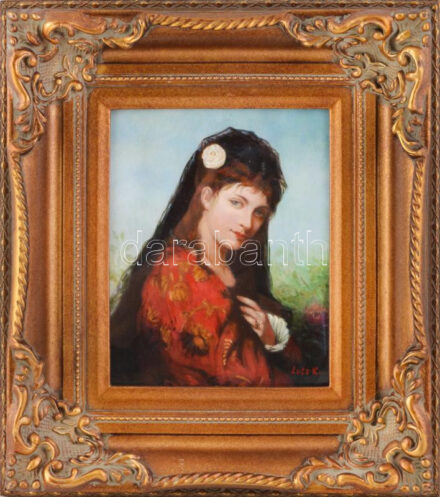 Lotz jelzéssel: Bájos hölgy. Olaj, farost, dekoratív keretben 20x25 cm