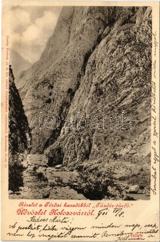 1901 Tordai-hasadék, Cheile Turzii (Kolozsvár, Cluj); Tündér fürdő. Dunky fivérek / gorge (apró szakadás / tiny tear)