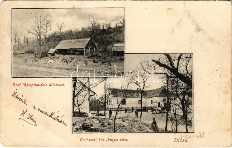 1905 Diósd, Gróf Wimpfen-féle állatkert, Erdészeti ház (Kutya vár). Schneider Nándor kiadása (EB)