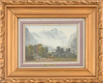 Díszes üvegezett fakeret, XIX. sz. színes litográfiával, belső méret: 25×30,4 cm