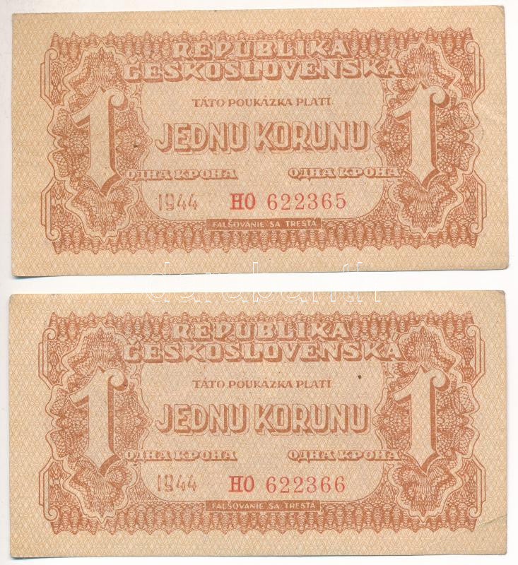 Csehszlovákia 1944. 1K (2x) sorszámkövetők 'HO 622365 - HO 622366' T:II,II- Czechoslovakia 1944. 1 Korun (2x) consecutive serials 'HO 622365 - HO 622366' C:XF,VF Krause 45
