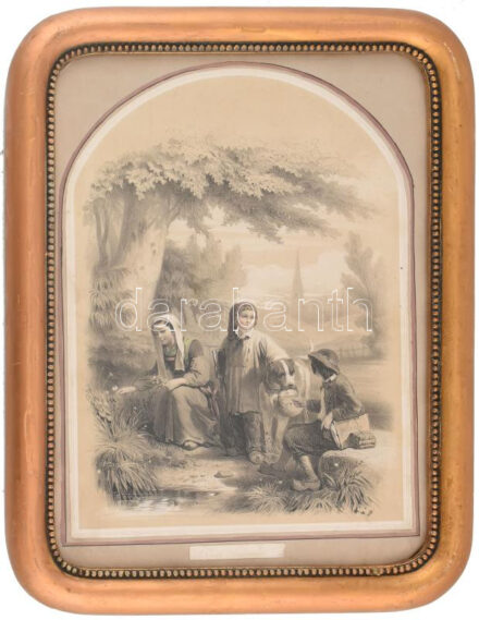 Díszes üvegezett fakeret, XIX. sz. színezett litográfiával (L'école Buisson), belső méret: 39,8×29,6 cm