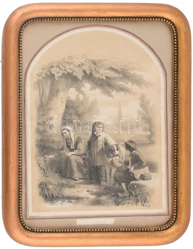 Díszes üvegezett fakeret, XIX. sz. színezett litográfiával (L'école Buisson), belső méret: 39,8×29,6 cm