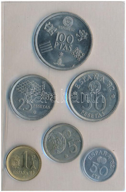 Spanyolország 1980. 50c-100P (6xklf) 'Európa Bajnokság 1982' kék műbőrtokos forgalmi sor T:1,1- kis patina Spain 1980. 50 Centimos - 100 Pesetas (6xdiff) 'European Championship 1982' coin set in blue faux leather case C:UNC,AU small patina