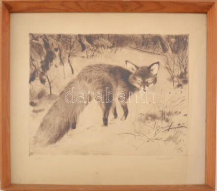 Csergezán Pál (1924-1996): Róka. Rézkarc, papír, jelzett. Üvegezett, fakeretben, 29x39 cm