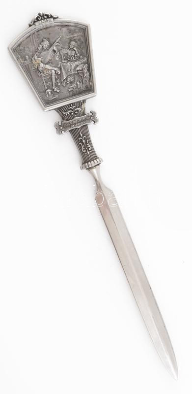 WMF díszes ón levélbontó kés, domborműves díszítéssel, Hendrik Sorgh: Der Lautenspieler (A lantos). Jelzett, h: 22,5 cm