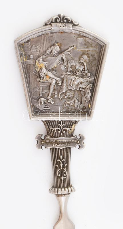 WMF díszes ón levélbontó kés, domborműves díszítéssel, Hendrik Sorgh: Der Lautenspieler (A lantos). Jelzett, h: 22,5 cm - Image 2