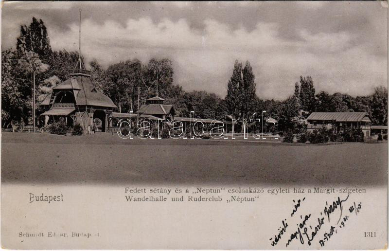 1901 Budapest XIII. Margitsziget, fedett sétány és a Neptun csolnakázó egyleti ház. Schmidt Edgar 1311.