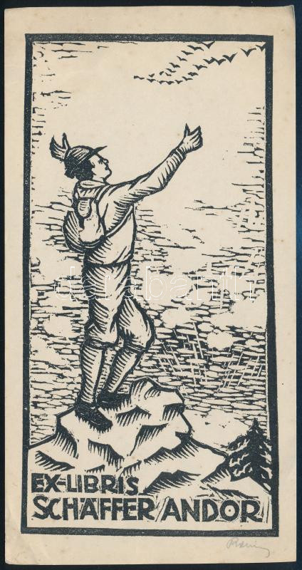 Radványi Román Károly (1900-1957): Ex libris Schäffer Andor. Klisé, papír, jelzett, hátoldalán pecséttel, 18x9 cm