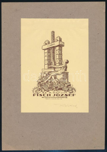 Révész Kornél (1885-1944): 'Ez a könyv Fisch József könyvnyomtatóé' (1931-35). Klisé, papír, jelzett, hátoldalán pecséttel, lapra applikálva, 14,5x10,5 cm