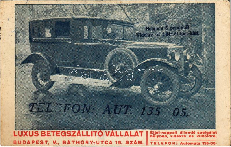 Luxus Betegszállító Vállalat autója, reklám. Budapest, Báthory utca 19. / Hungarian Patient Transport Company's advertisement, automobile