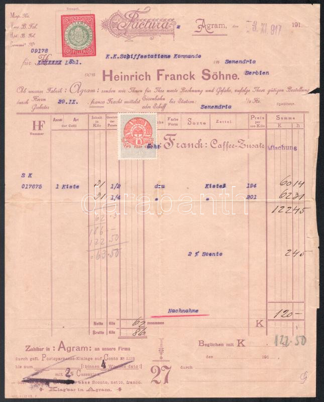 1910 Heinrich Frank Zagrab fejléces számla