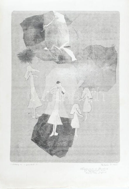 Pataki Ferenc (1941-): Sárkány és a gyerekek II. Litográfia, papír, jelzett, kartonra kasírozva, lap széle kissé sérült és kissé foltos, 47x34,5 cm