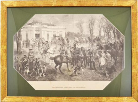 Jan Chelminski (1851-1925) után: Falkavadászat (Rendez-vous zur Parforcejagd). Rotációs fametszet, papír, jelzett a metszeten, üvegezett fakeretben, 29x47,5 cm