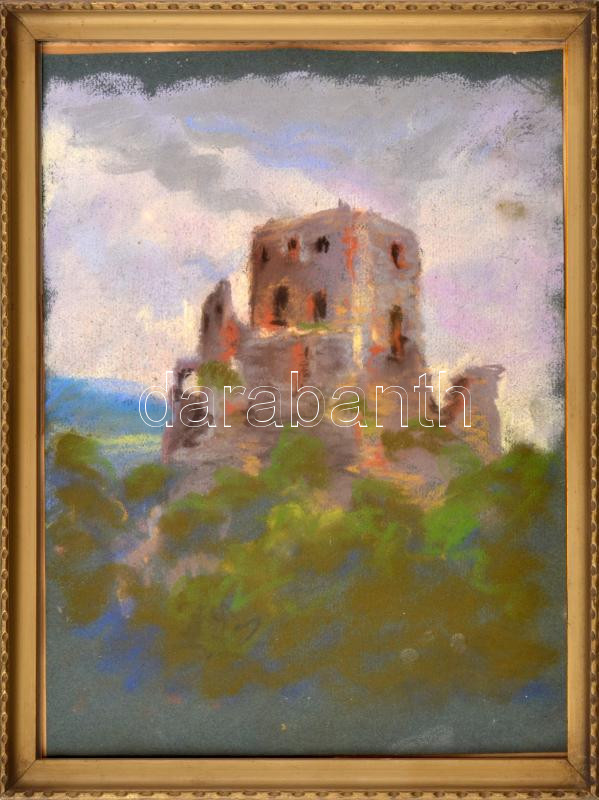 Bertalan Rózsa (1900-1987): Cseszneki vár. Pasztell, papír, jelzés nélkül, üvegezett fakeretben, 30,5x22,5 cm