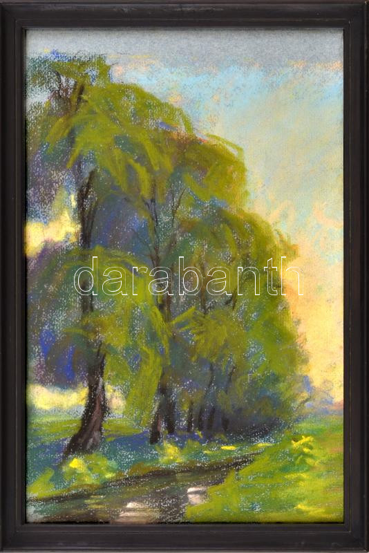 Bertalan Rózsa (1900-1987): Fák a patakparton. Pasztell, papír, jelzés nélkül, üvegezett fakeretben, 30,5x22,5 cm