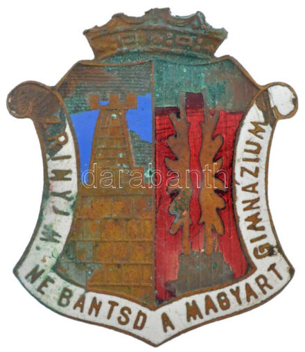 ~1930. 'Zrínyi M. Gimnázium - Ne bántsd a magyart' zománcozott iskolajelvény (46x39mm) T:3 zománchiba, hajlott lemez