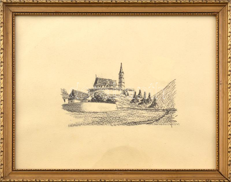 Zombor (?) jelzéssel: Erdélyi erődtemplom. Kréta, papír, üvegezett fakeretben. 20x25,5 cm