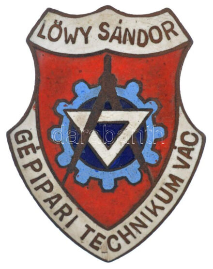 ~1950. 'Löwy Sándor Gépipari Technikum Vác' zománcozott bronz iskolajelvény (38x30mm) T:1-,2 kis zománchiba