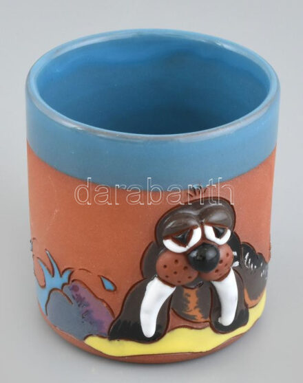 Rozmáros bögre, kézzel készült kerámia, kézzel festett, hibátlan, m: 10 cm