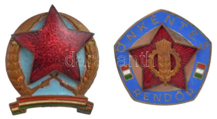 ~1970-1980. 'Önkéntes rendőr' zománcozott fém jelvény (31x31mm) + ~1970-1980. Rendőr sapkajelvény, zománcozott bronz elvény (35x30mm) T:1-