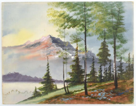 Szendefy '49 jelzéssel: Hegyvidéki táj. Tempera, karton, bal alsó sarkán ázásnyommal, 25,5x32,5 cm