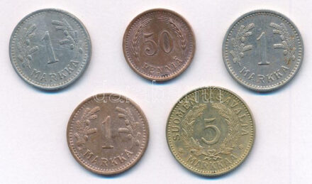 Finnország 1930. 1M Cu-Ni + 1939. 5M Al-bronz + 1940. 1M Cu-Ni + 1941. 1M Cu + 1942. 50p Cu T:2,2- Finland 1930. 1 Markka Cu-Ni + 1939. 5 Markkaa Al-bronze + 1940. 1 Markka Cu-Ni + 1941. 1 Markka Cu + 1942. 50 Penniä Cu C:XF,VF