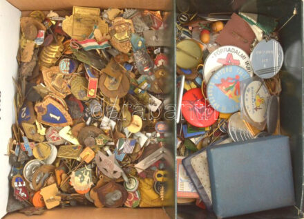 Egy doboznyi, néhány száz darab magyar és külföldi vegyesen civil valamint katonai jelvény tétel, néhány emlékéremmel. A jelvénye közt jobb darabokkal T:vegyes