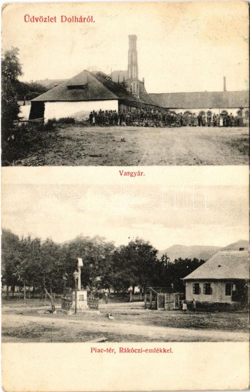 1909 Dolha, Dovhe; Vasgyár, Piac tér, Rákóczi emlékmű. Kerchenbaum Márkusz kiadása / iron factory, ironworks, market square, monument (EK)