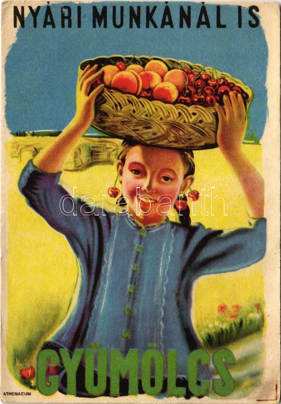 Nyári munkánál is gyümölcs! Magyar egészségügyi propaganda, C-vitamin táblázat a hátoldalon / Hungarian health campaign, fruit propaganda, Vitamin C chart s: Vöczköndy (EK)