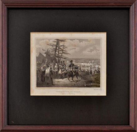 Wilhelm Hessloehl (1810-1843): Übergang über den Niemen (Napóleon átkelése a Nyeman folyón). Rézmetszet, papír, XIX. sz. Carlsruhe, Kunst-Verlag kiadása. Paszpartuban, üvegezett fa keretben, 10x13 cm