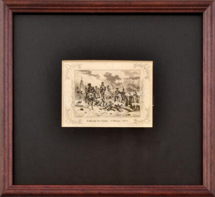 Schlacht bei Eylau, 8 Februar 1807. (Az eylaui csata). Rézmetszet, papír, jelzett a metszeten. Paszpartuban, üvegezett fa keretben, 7x10 cm