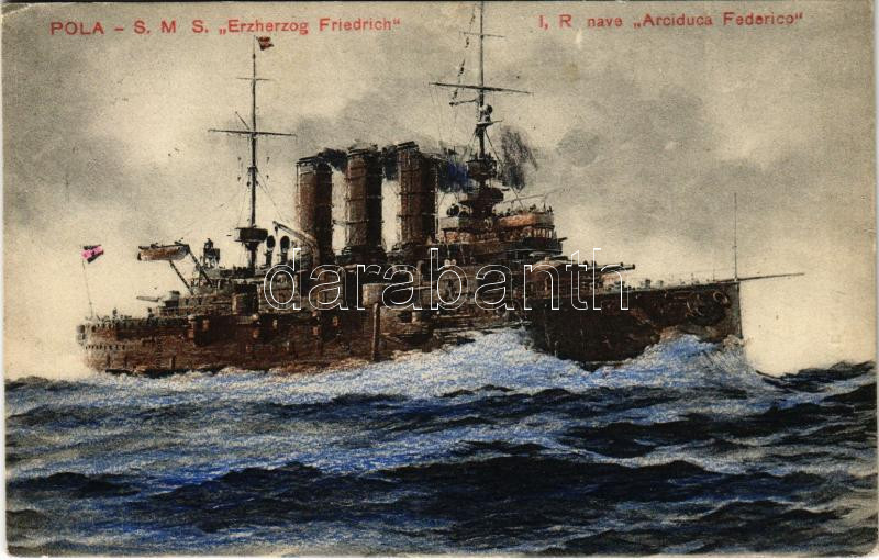 1910 SMS Erzherzog Friedrich az Osztrák-Magyar Haditengerészet pre-dreadnought csatahajója / K.u.K. Kriegsmarine Linienschiffe / Austro-Hungarian Navy, pre-dreadnought battleship SMS Erzherzog Friedrich. Dep. A. Bonetti, Pola (EK)