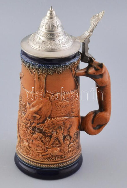 Gerzit német vadász korsó, rókás füllel, ón fedéllel, jelzett, hibátlan, m: 29 cm