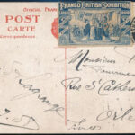 1908 London, a Franco-British Exhibition levélzárója futott képeslapon, ami képes oldalán a kiállítást ábrázolja