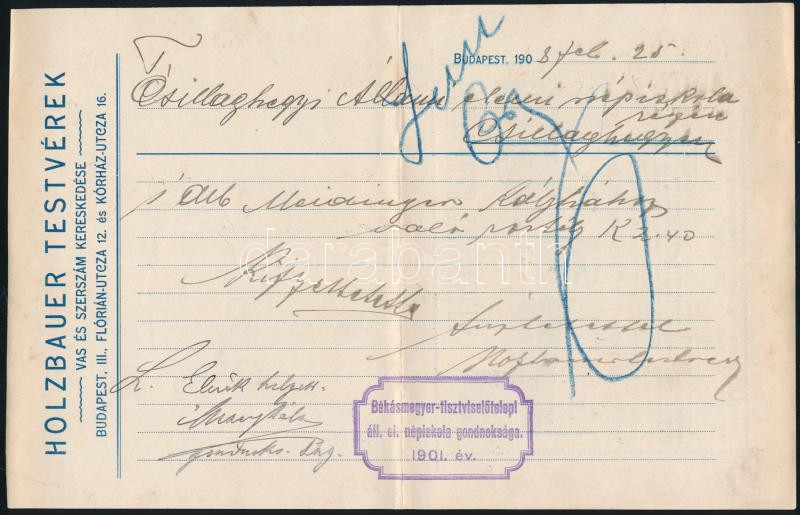 1908 A Holzbauer Testvérek vas- és szerszámkereskedésének fejléces számlája reklámmal