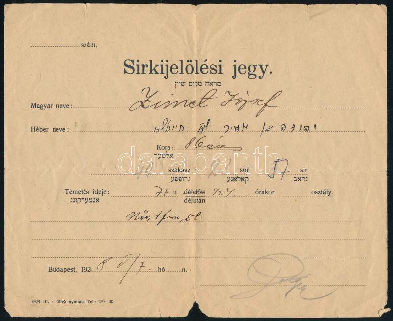 1928 Sírkijelölési jegy, magyar és héber nyelven, apró sérülésekkel, hajtásnyomokkal, 17x20,5 cm