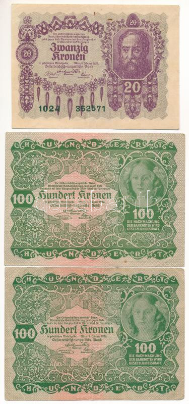 Ausztria 1922. 20K + 100K (2x) T:III Austria 1922. 20 Corona + 100 Corona (2x) C:F