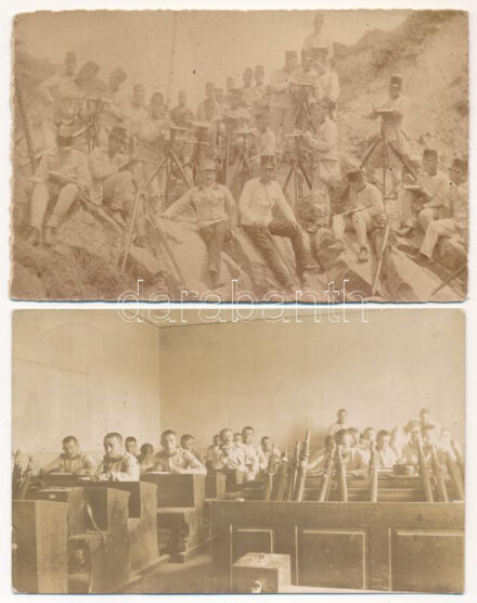 2 db RÉGI osztrák-magyar katonai fotó: oktatás terepgyakorlaton és iskolapadban / 2 pre-1945 Austro-Hungarian K.u.k. military photos: education in the school and the field