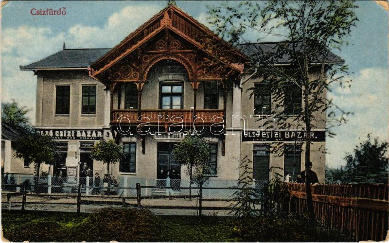 1914 Csíz, Csízfürdő, Kúpele Cíz; Horváth nyaraló, Olcsó Csízi Bazár, üzletek. Herskovits Mór kiadása / villa, bazaar, shops (EK)