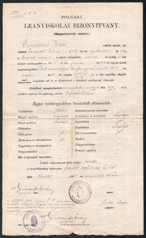 1918-1920 Eihorn Rózsi izraelita vallású tanuló 5 db iskolai bizonyítványa - Image 2