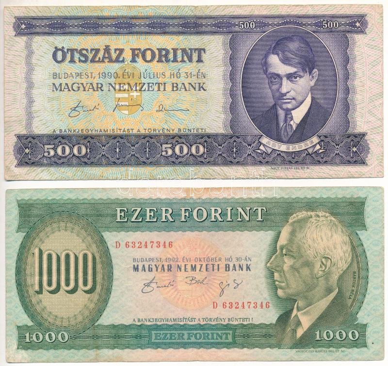 1990. 500Ft + 1992. 1000Ft (a papíron több helyen kopások) T:III Adamo F43, F46
