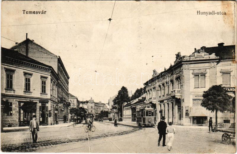 1914 Temesvár, Timisoara; Hunyadi utca, Simon László üzlete, sütöde, villamos. Polatsek kiadása / street view, shops, bakery, tram (EK)