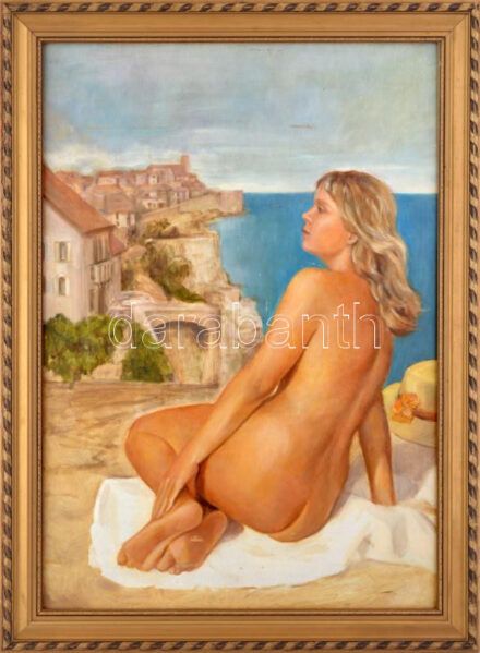 Jelzés nélkül: Napozó női akt. Olaj, karton, dekoratív fakeretben, 70x50 cm