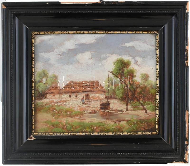 Olvashatatlan jelzéssel: Libapásztorlány. Olaj, karton. Dekoratív, sérült fakeretben. 22x27,5 cm