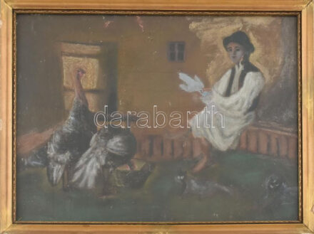 Jelzés nélkül: Pulykapásztor. Olaj, vászon, kartonon. Üvegezett, sérült fakeretben. 28x37 cm