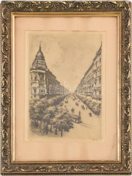 Olvashatatlan jelzéssel: Budapest, Vilmos császár út/Váci körút (Bajcsy-Zsilinszky út) - Andrássy út sarok villamossal. Rézkarc, papír. Üvegezett, dekoratív, sérült fakeretben. 23x16,5 cm